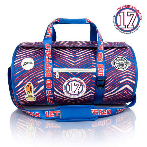 Buffalo Zubaz x Patricia Allen Fund Varsity duffel cooler, front view with handles and shoulder strap