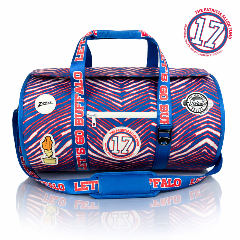 Buffalo Zubaz x Patricia Allen Fund Varsity duffel cooler, front view with handles and shoulder strap