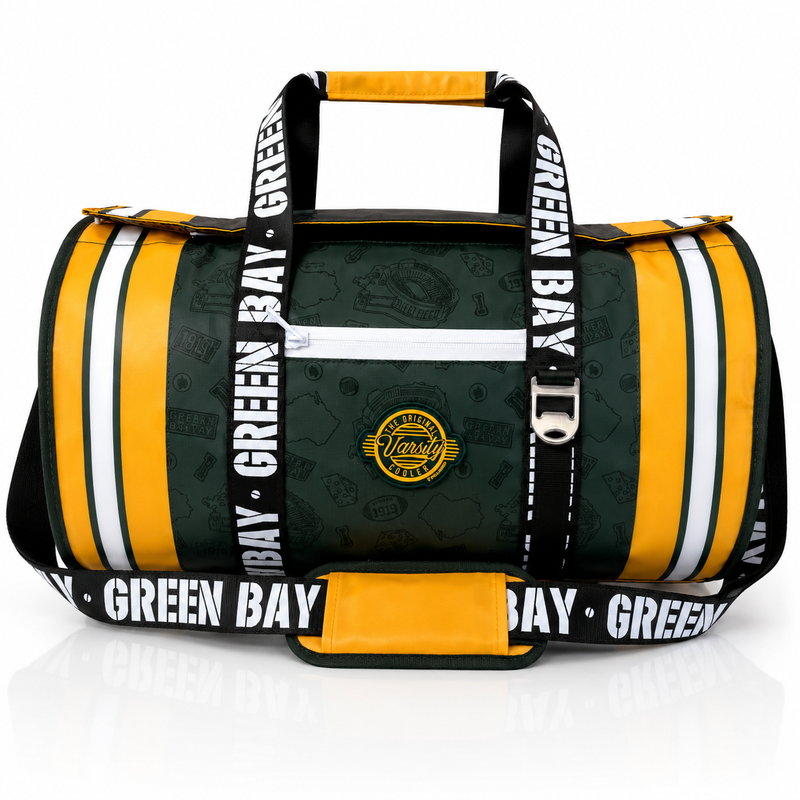 Green Bay Varsity duffel cooler, front view with handles and shoulder strap