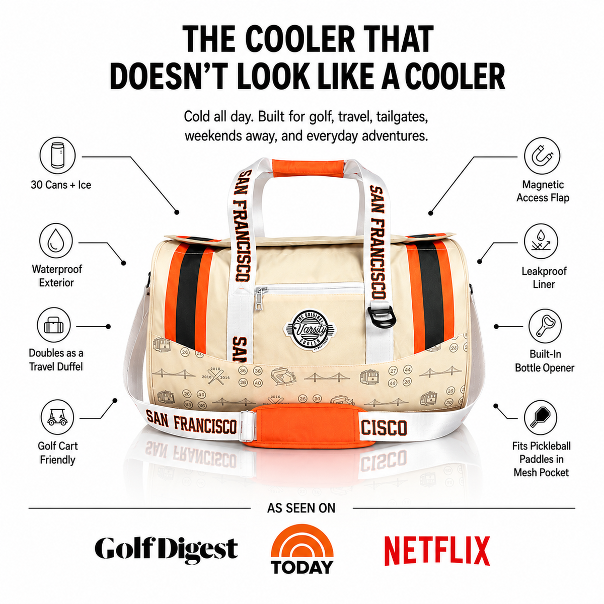 San Francisco Baseball Varsity duffel cooler, front view with illustrated product feature callouts