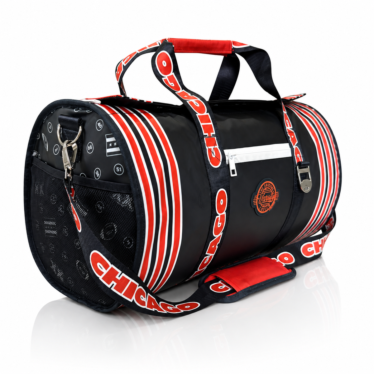 A navy Chicago Bulls duffel bag with red and white striped handles, a matching shoulder strap, and a white zippered pocket on the front, shown on a white reflective background.