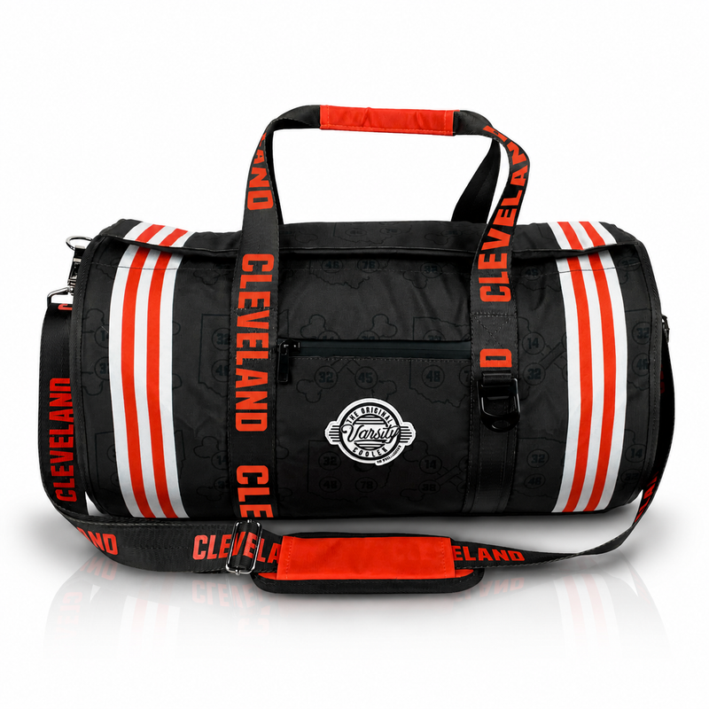 Cleveland Varsity duffel cooler, front view with orange and white striped straps
