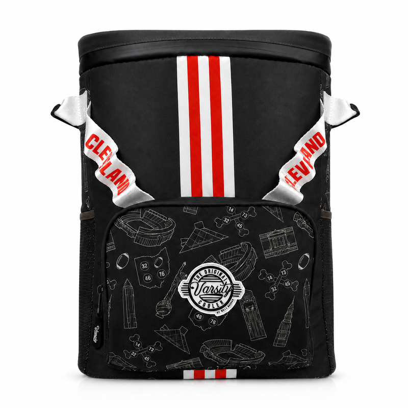 Cleveland brown cooler bag with white graphics and red accents on a white background