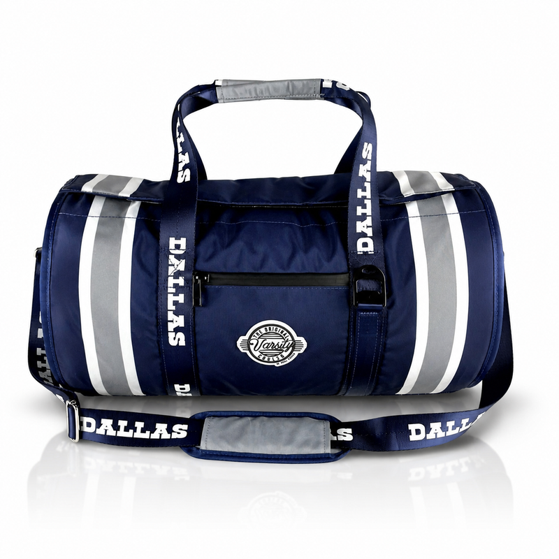 Dallas Varsity duffel cooler, front view with navy and white straps