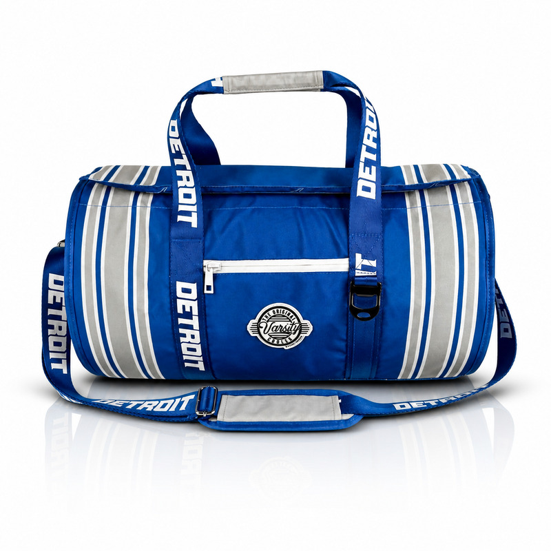 Detroit Varsity duffel cooler, front view with handles and shoulder strap