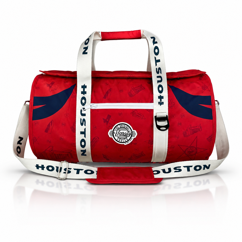 Houston Varsity duffel cooler, front view with handles and shoulder strap