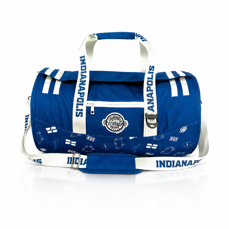 Indianapolis Varsity duffel cooler, front view with handles and shoulder strap