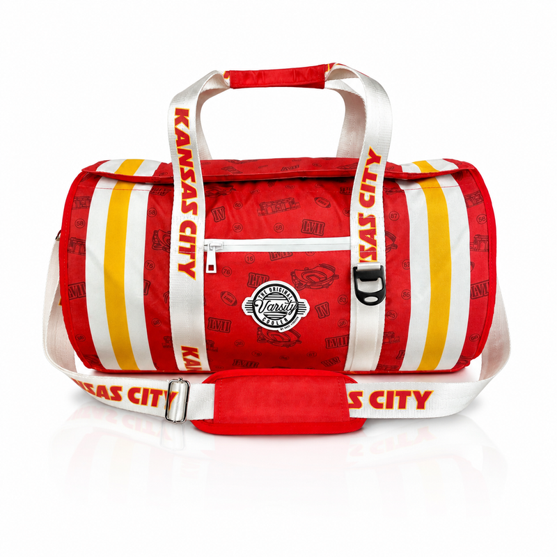 Kansas City Varsity duffel cooler, front view with handles and shoulder strap