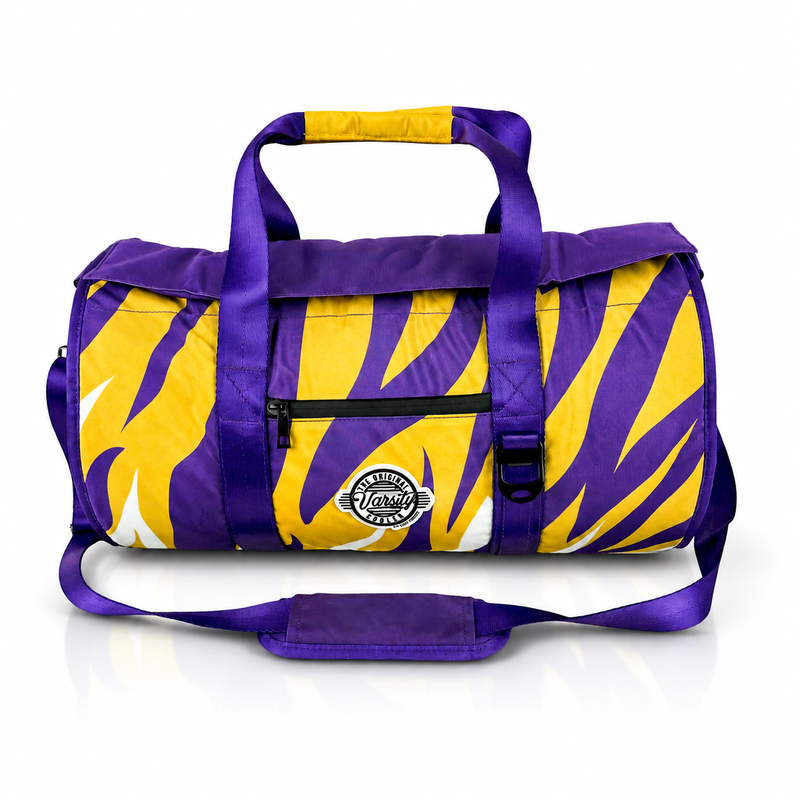 LSU Varsity duffel cooler, front view with handles and shoulder strap
