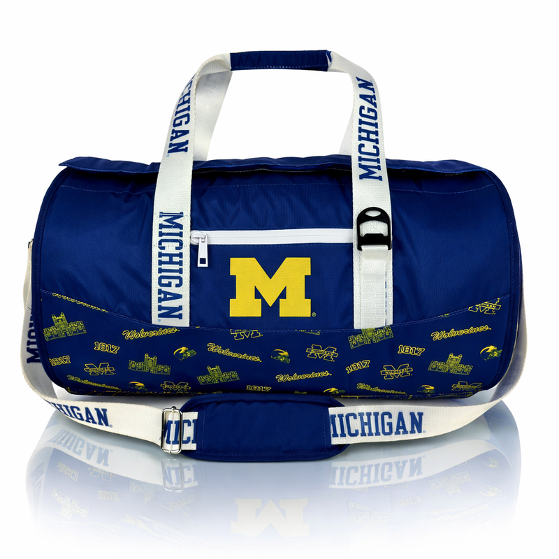 University of Michigan Varsity duffel cooler, front view with handles and shoulder strap