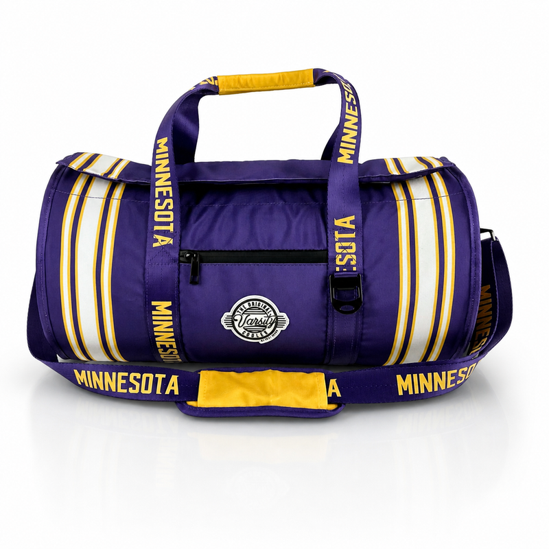 Minnesota Varsity duffel cooler, front view with purple and gold straps