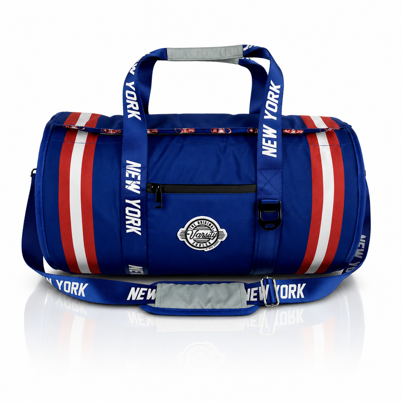 New York (Blue) Varsity duffel cooler, front view with handles and shoulder strap