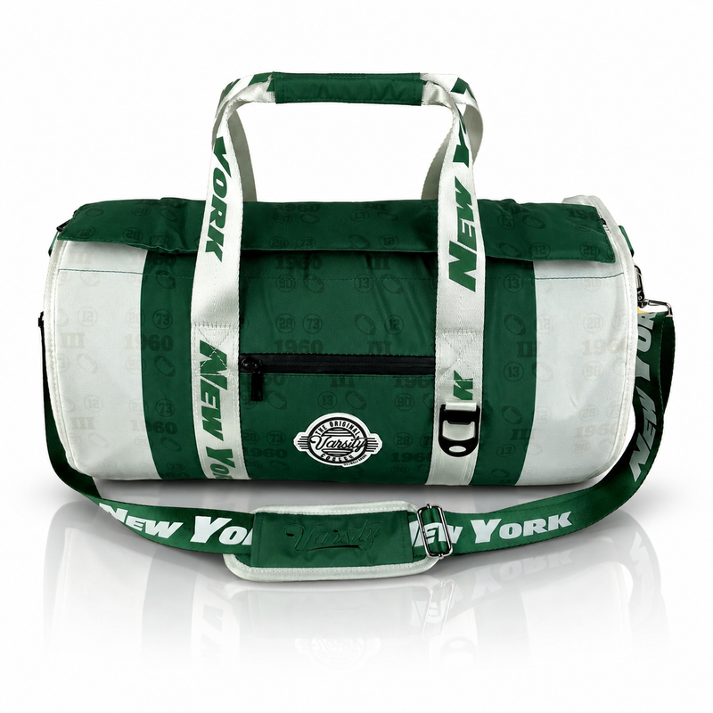 New York (Green) Varsity duffel cooler, front view with handles and shoulder strap