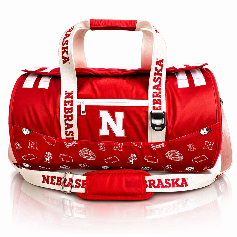 University of Nebraska Varsity duffel cooler, front view with red exterior and Nebraska N logo