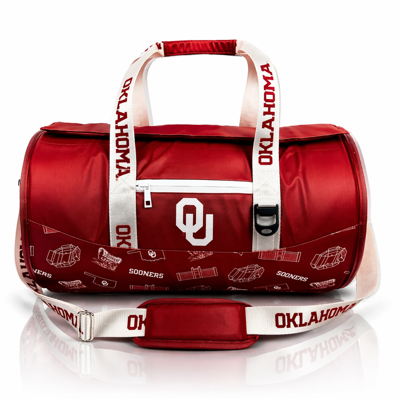 University of Oklahoma Varsity duffel cooler, front view with handles and shoulder strap