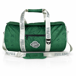 Philadelphia Varsity duffel cooler, front view with handles and shoulder strap