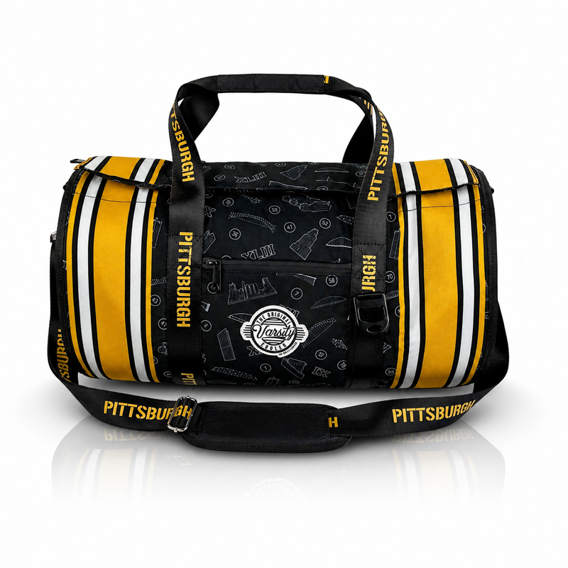 Pittsburgh Varsity duffel cooler, front view with handles and shoulder strap