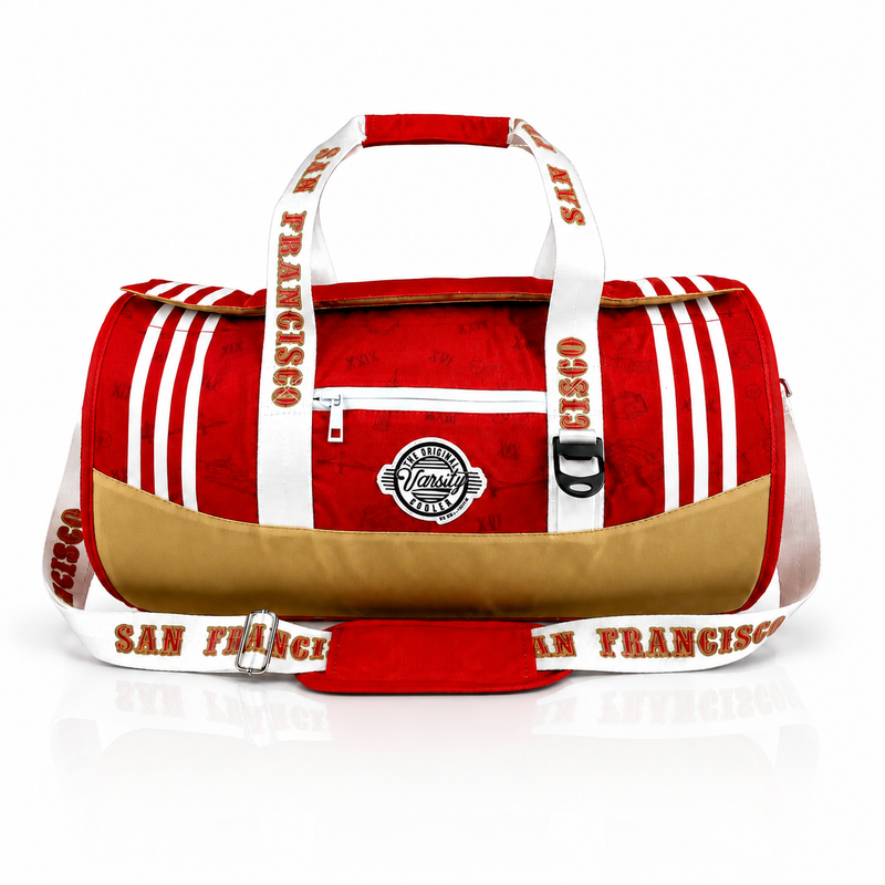 San Francisco Varsity duffel cooler, front view with handles and shoulder strap