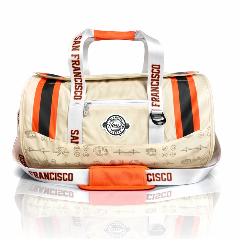 San Francisco Baseball Varsity duffel cooler, front view with handles and shoulder strap