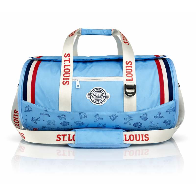 St. Louis Baseball Varsity duffel cooler, front view with handles and shoulder strap
