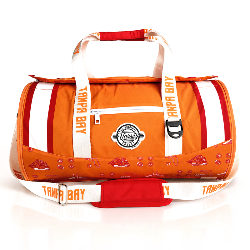 Tampa Bay Varsity duffel cooler, front view with orange exterior and red accents