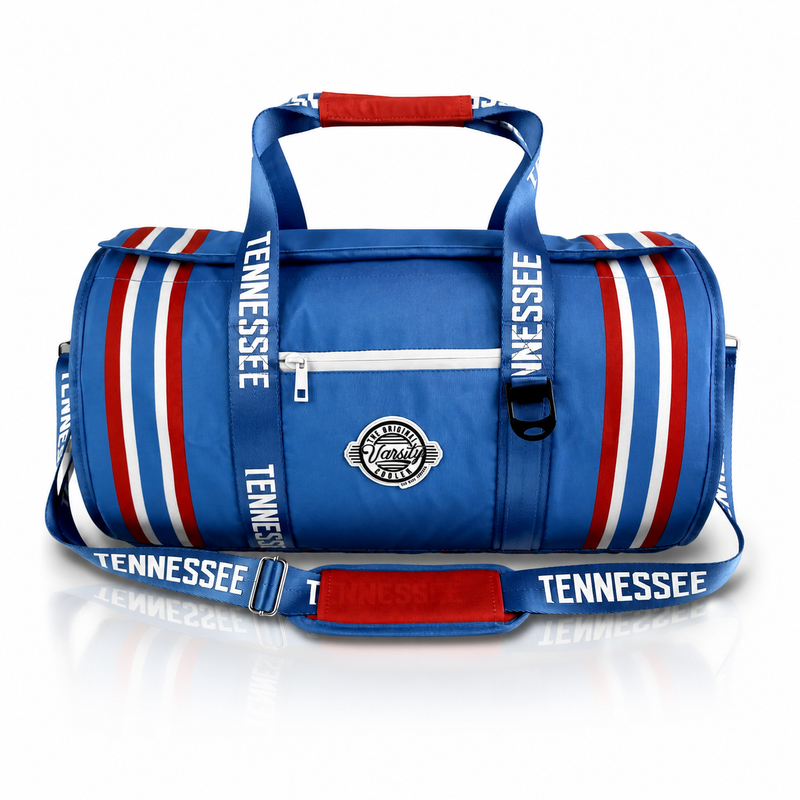 Tennessee Varsity duffel cooler, front view with handles and shoulder strap