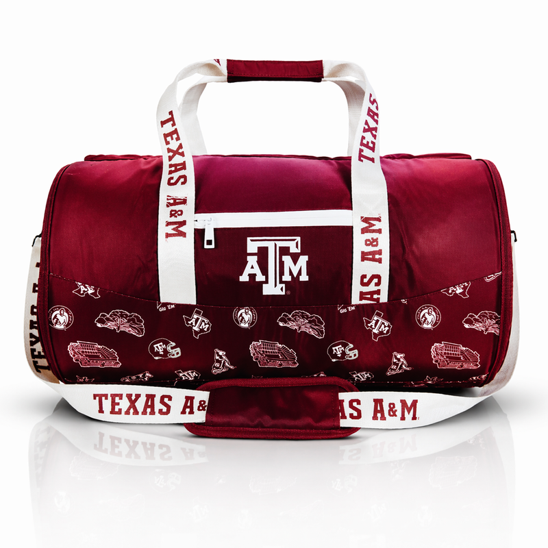 Texas A&M University Varsity duffel cooler, front view with handles and shoulder strap