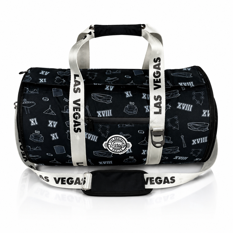 Las Vegas Varsity duffel cooler, front view with handles and shoulder strap