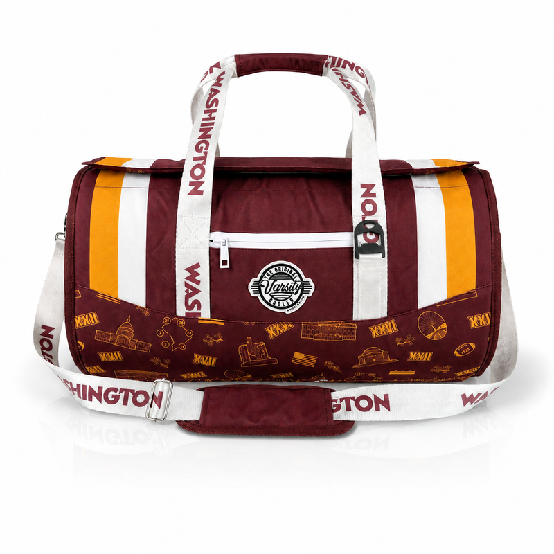 Washington Varsity duffel cooler, front view with handles and shoulder strap
