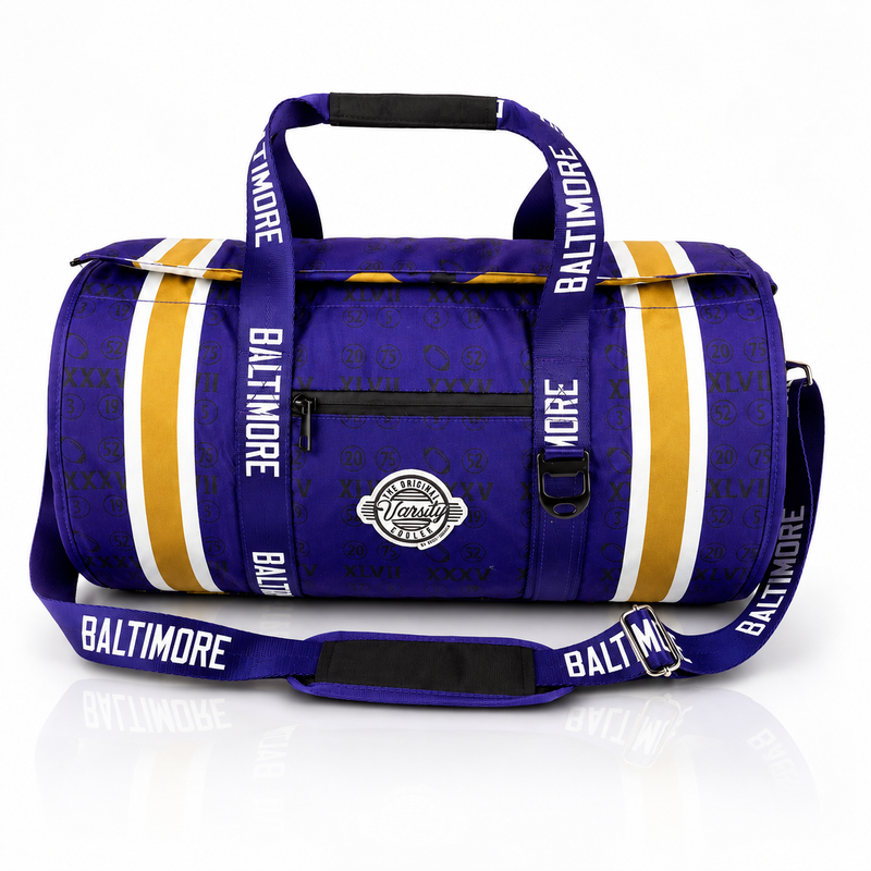 Baltimore Varsity duffel cooler, front view with handles and shoulder strap