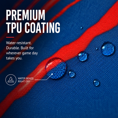 Buffalo Zubaz x Patricia Allen Fund Varsity duffel cooler, close-up of water droplets on the TPU-coated exterior