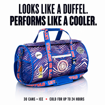 Buffalo Zubaz x Patricia Allen Fund Varsity duffel cooler, product view with cooler capacity and performance callouts