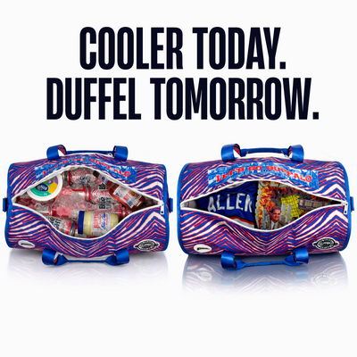 Buffalo Zubaz x Patricia Allen Fund Varsity duffel cooler, side-by-side open views showing cooler storage and travel packing