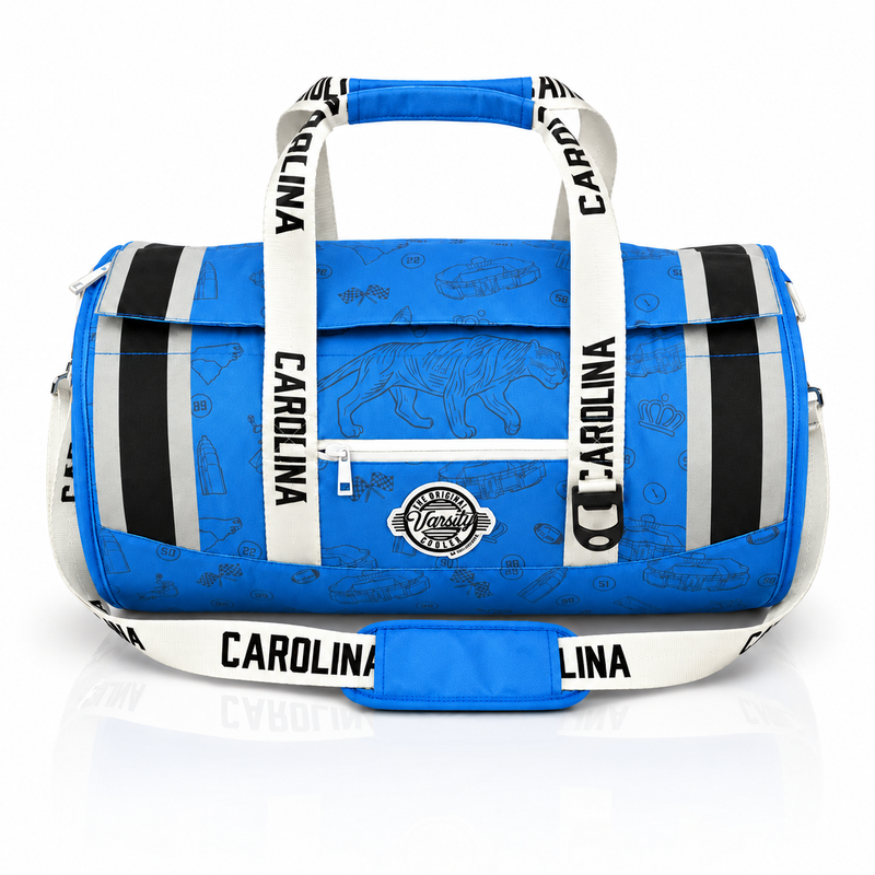 Carolina Varsity duffel cooler, front view with handles and shoulder strap