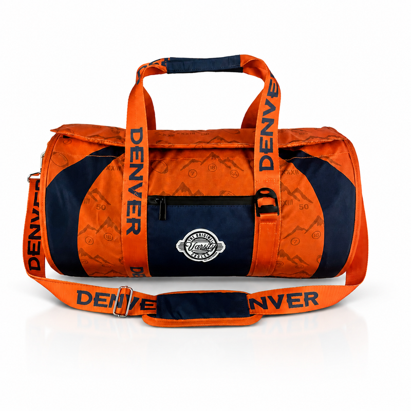 Denver Varsity duffel cooler, front view with handles and shoulder strap