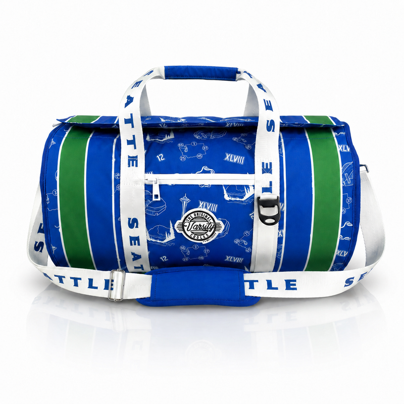 Seattle Varsity duffel cooler, front view with handles and shoulder strap